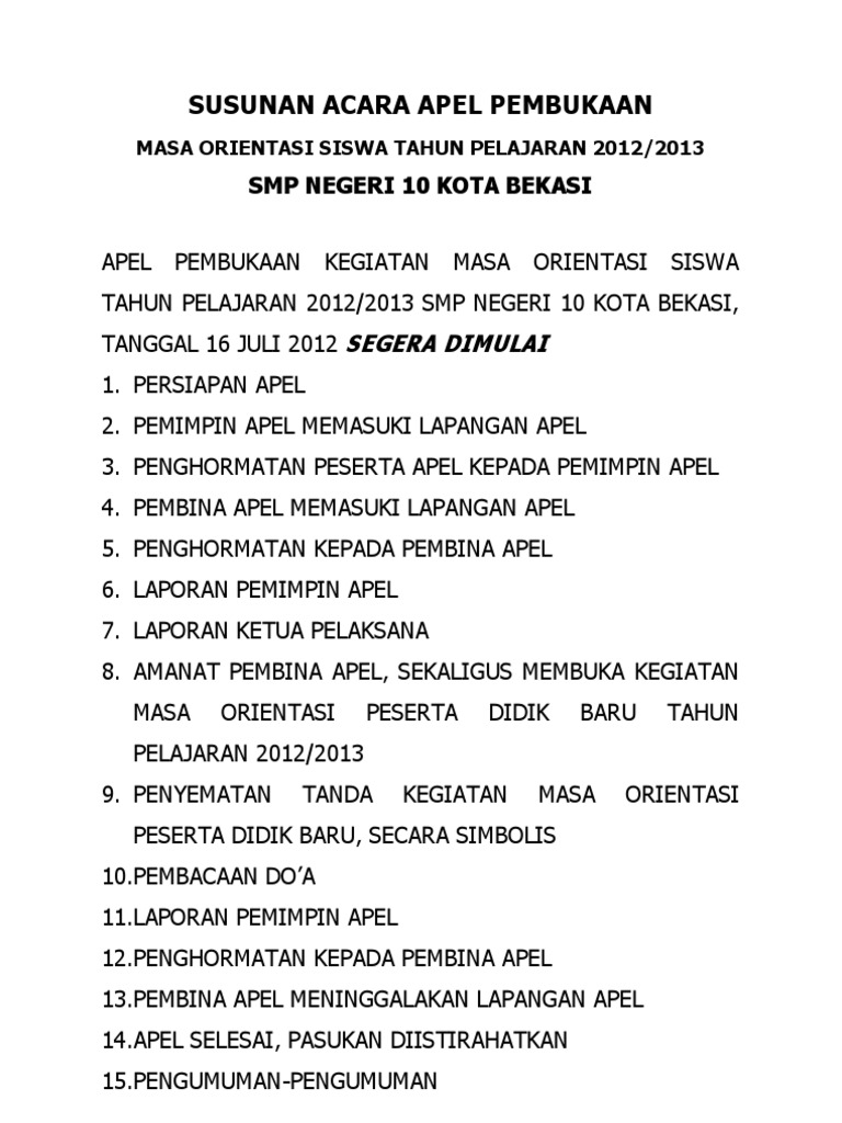 Susunan Acara Apel Pembukaan Mos 2012 2013