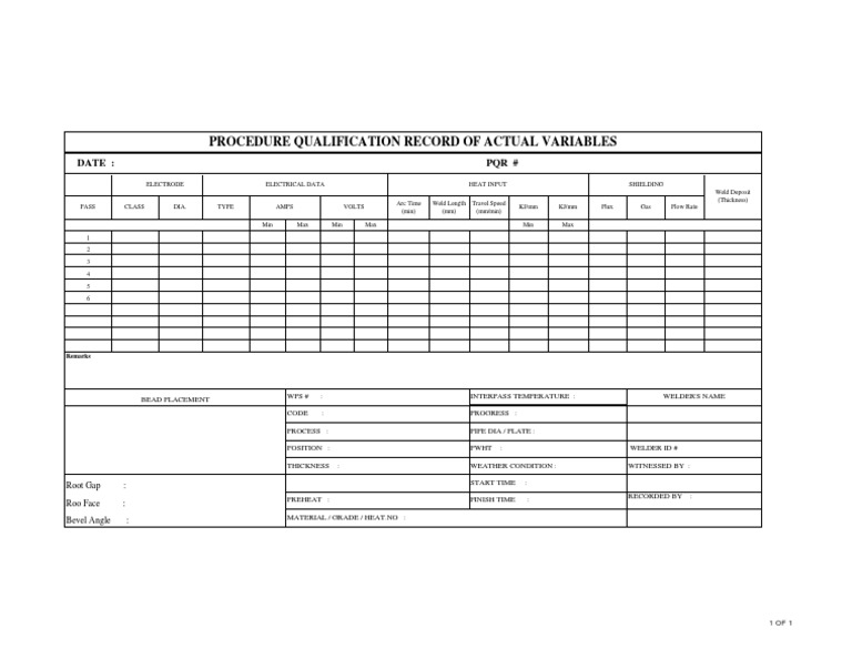 Welding Parameter Sheet PQR Template