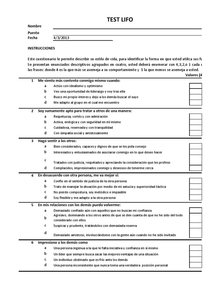 Test LIFO: Evaluación de Estilos | PDF | Science | Ciencia filosófica