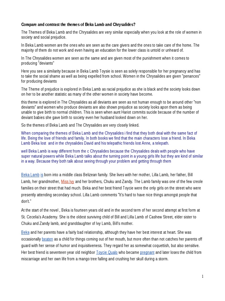 Compare and Contrast The Themes of Beka Lamb and Chrysalids Download Free PDF Religion And