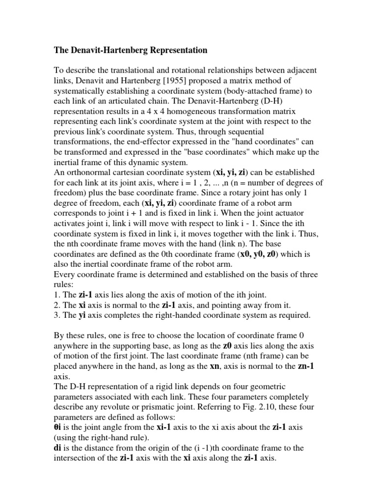 The Denavit-Hartenberg Representation | PDF | Cartesian Coordinate ...