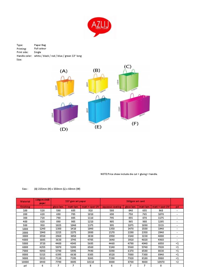 Type: Paper Bag Printing: Full Colour Print Side: Single Handle Color ...