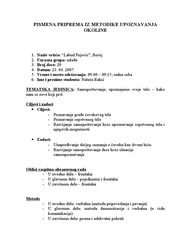 Upoznavanja iz okoline pisana priprema metodike