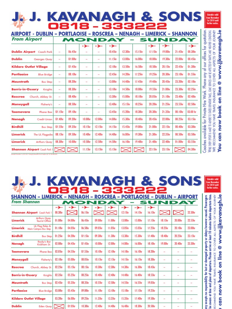 Shannon Airport Limerick To Dublin Airport Bus Timetable Dublin