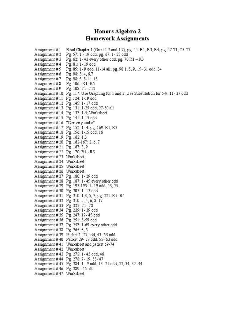 Honors Algebra 2 Homework Assignments | PDF | Homework | Schools