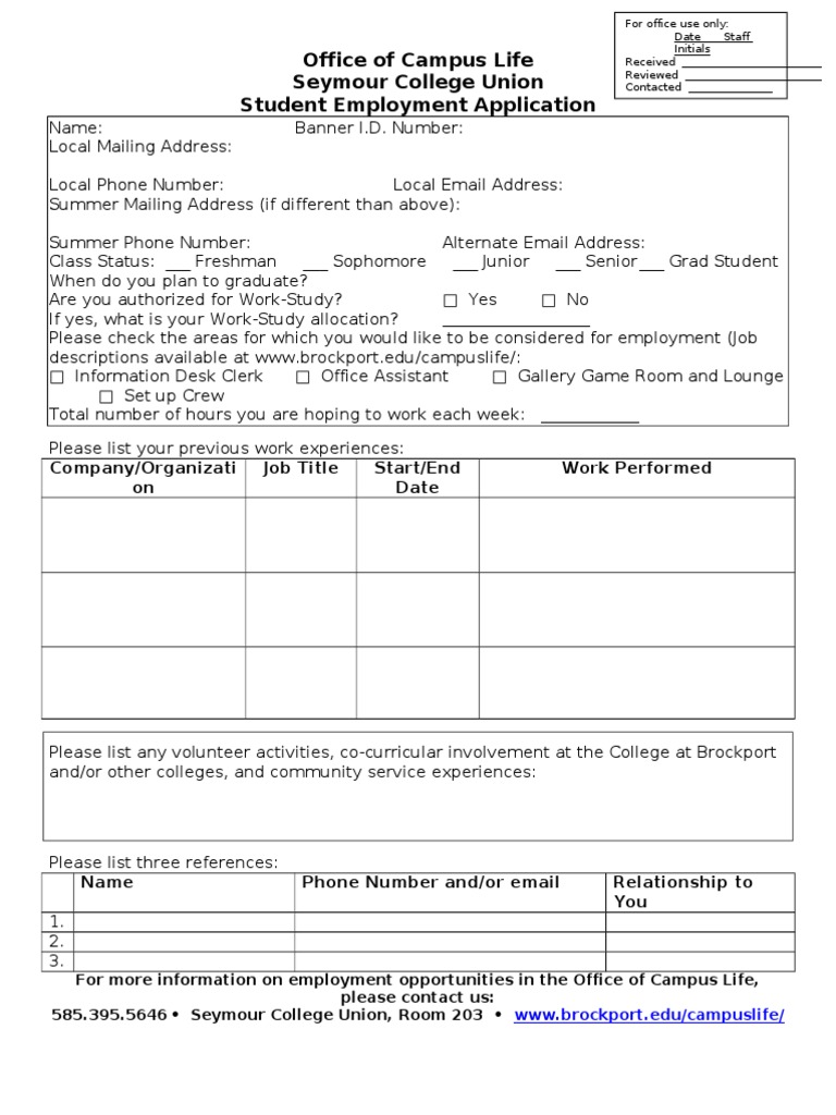 Student Employment Application Form | PDF | Sports & Recreation ...