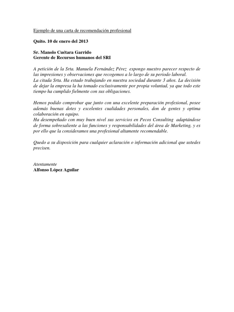 Ejemplo de Una Carta de Recomendación Profesional PDF | PDF ...