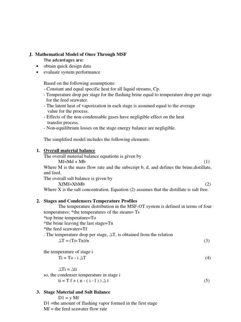 J Mathematical Model Of Once Through Msf T Is Obtained From The