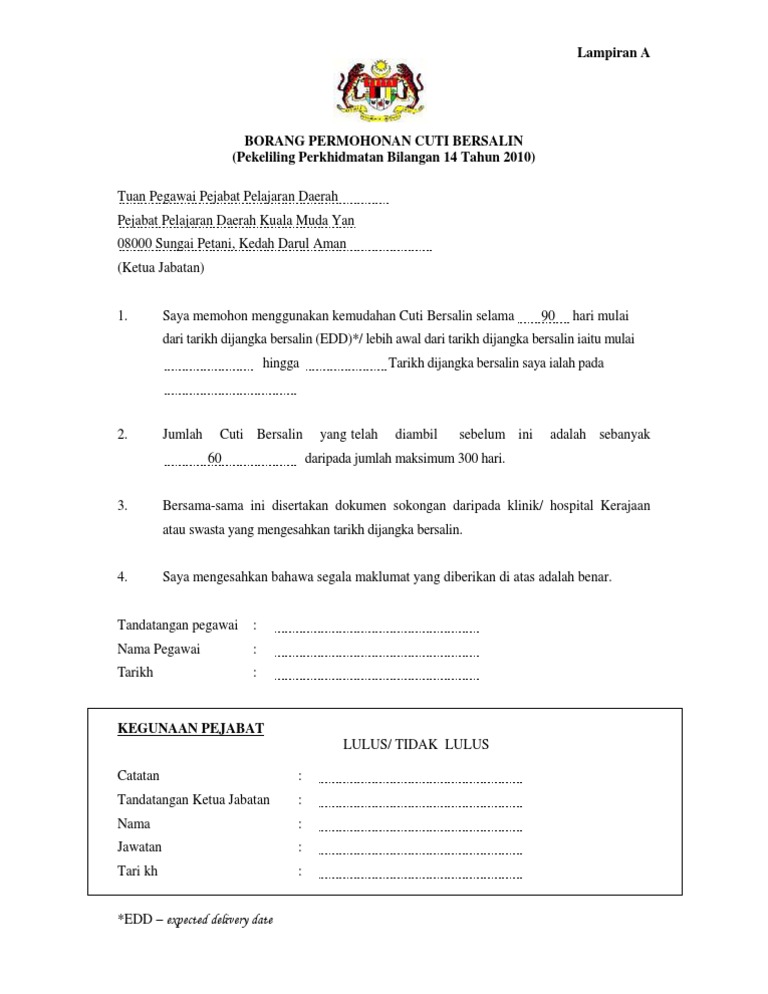 Contoh Surat Mohon Cuti Bersalin Awal