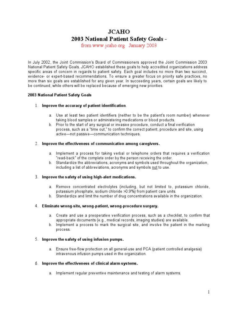 Jcaho 2003 National Patient Safety Goals Download Free PDF Joint