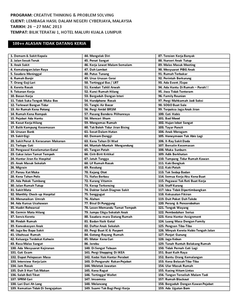 100 Alasan Tidak Datang Kerja