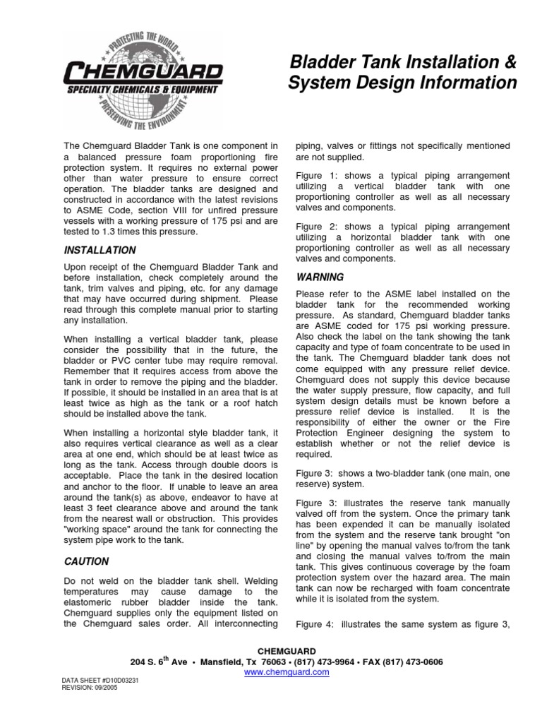 Chemgaurd Bladder Tank Design and System Installation PDF PDF Valve