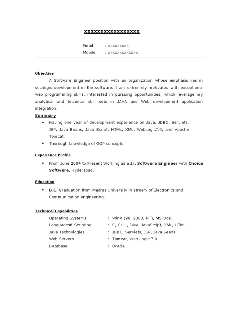 Java Developer Resume: 1 Year Experience | PDF | Java Server Pages ...