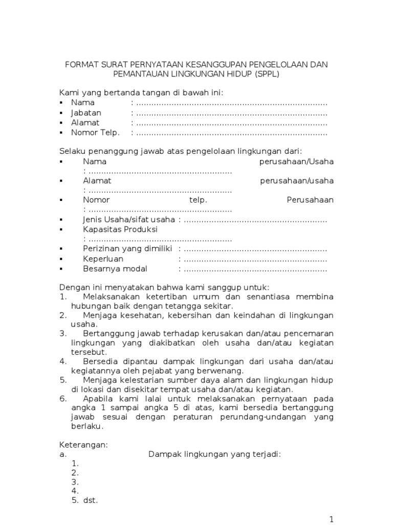 Format SPPL dan Surat Pernyataan Lingkungan | PDF