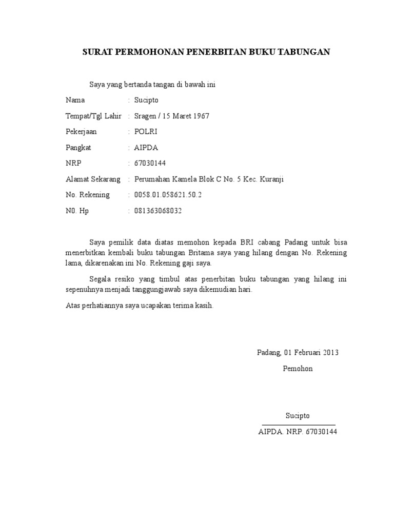 Surat Permohonan Penerbitan Buku Tabungan