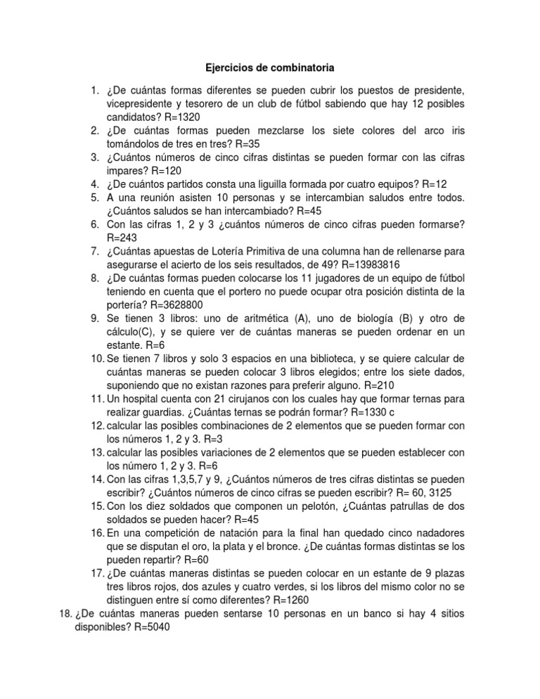 Ejercicios de Combinatoria Resueltos | PDF