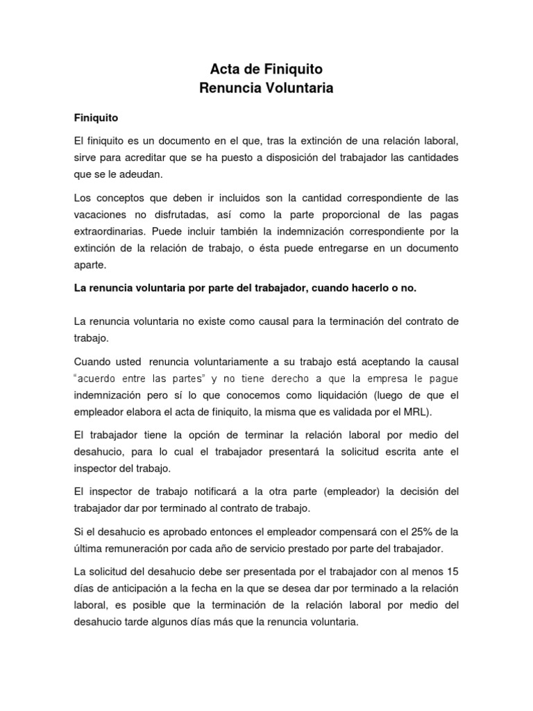 Acta De Finiquito Desalojo Derecho Laboral
