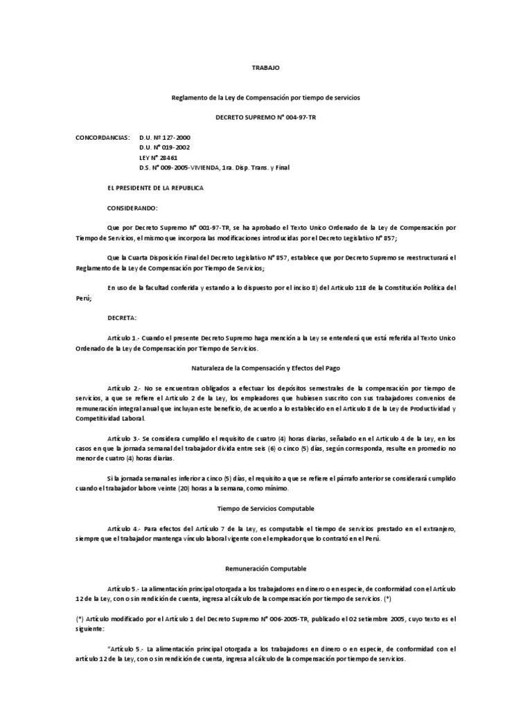 DECRETO SUPREMO 00497TR Reglamento de La Ley CTS PDF Salario