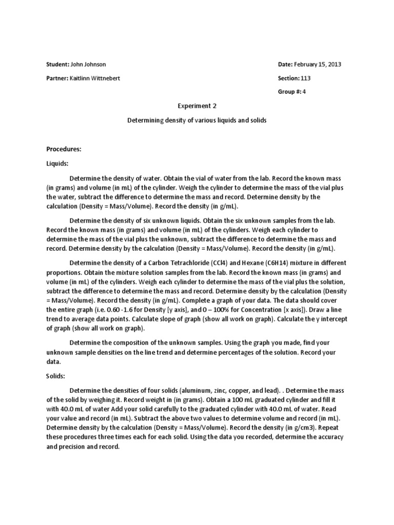 Determining Density Lab Report PDF Mass Concentration (Chemistry