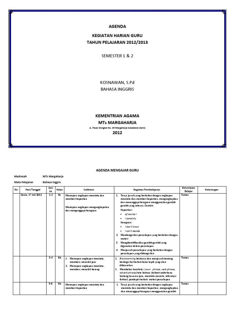 Agenda Mengajar Guru Pdf