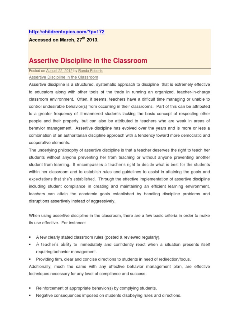 Assertive Discipline Strategies for Classrooms | PDF | Classroom ...