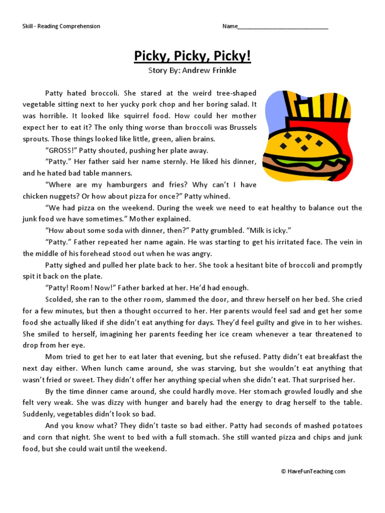 picky picky picky third grade reading comprehension worksheet food and drink food wine
