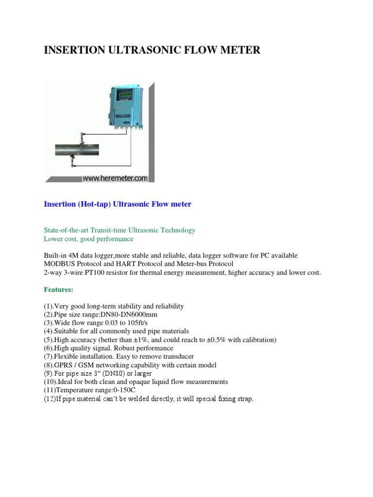 Insertion Ultrasonic Flow Meter | PDF | Flow Measurement | Pipe (Fluid ...