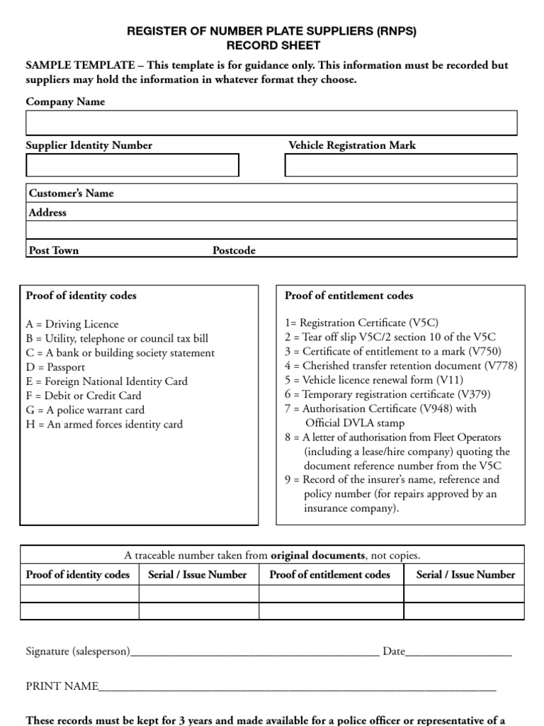 Register of Number Plate Supplier Record Sheet PDF