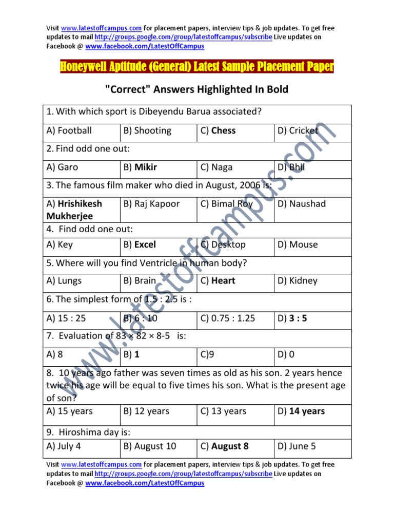 Honeywell Sample Aptitude (General) Placement Paper | PDF | Social Science