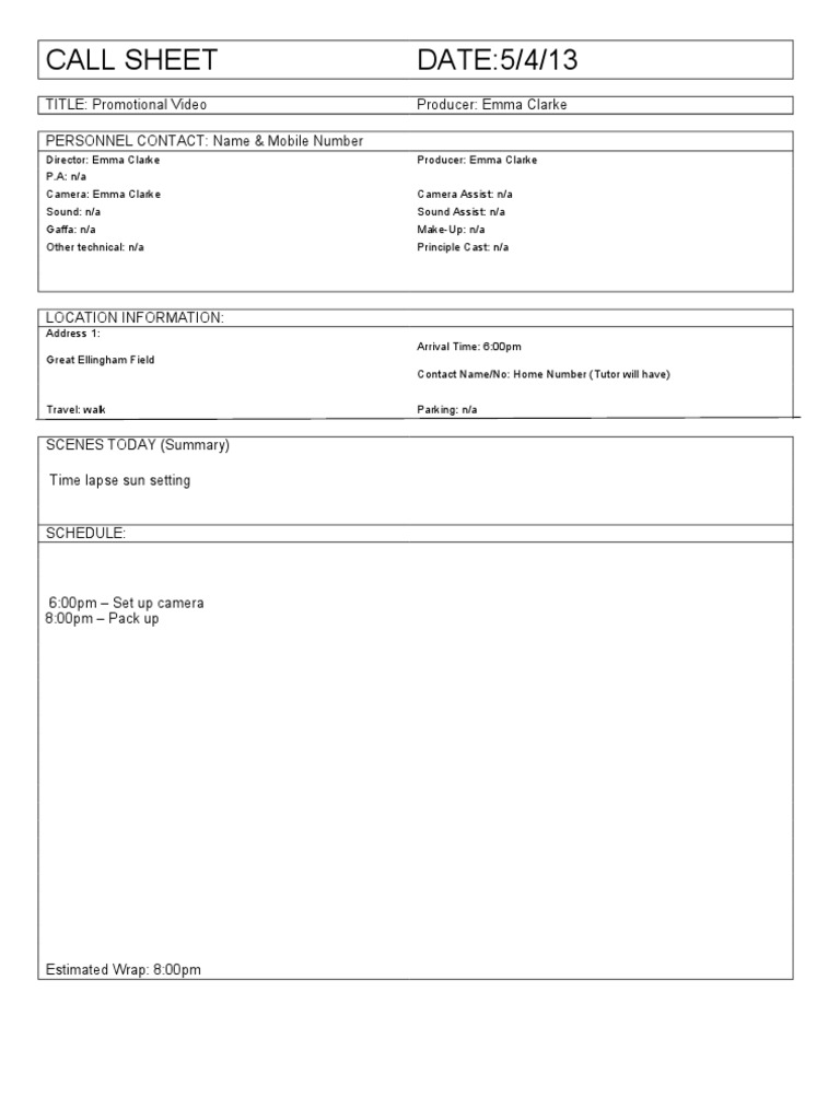 Promotional Video Call Sheet 5/4/13 | PDF
