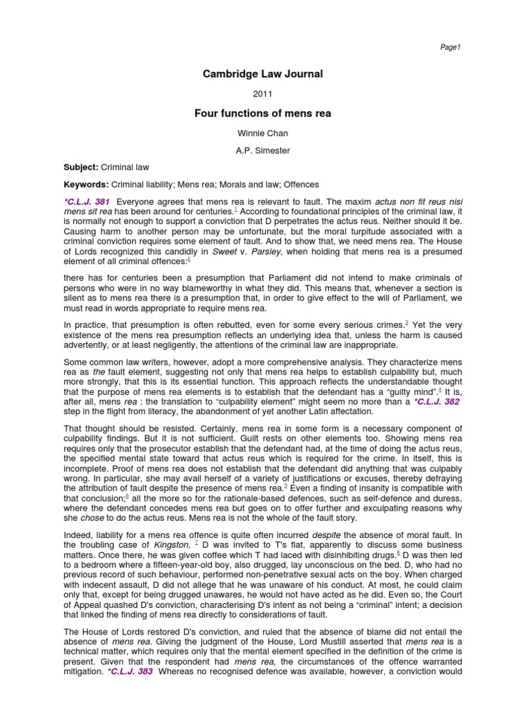 Four Functions of Mens Rea Mens Rea Crimes