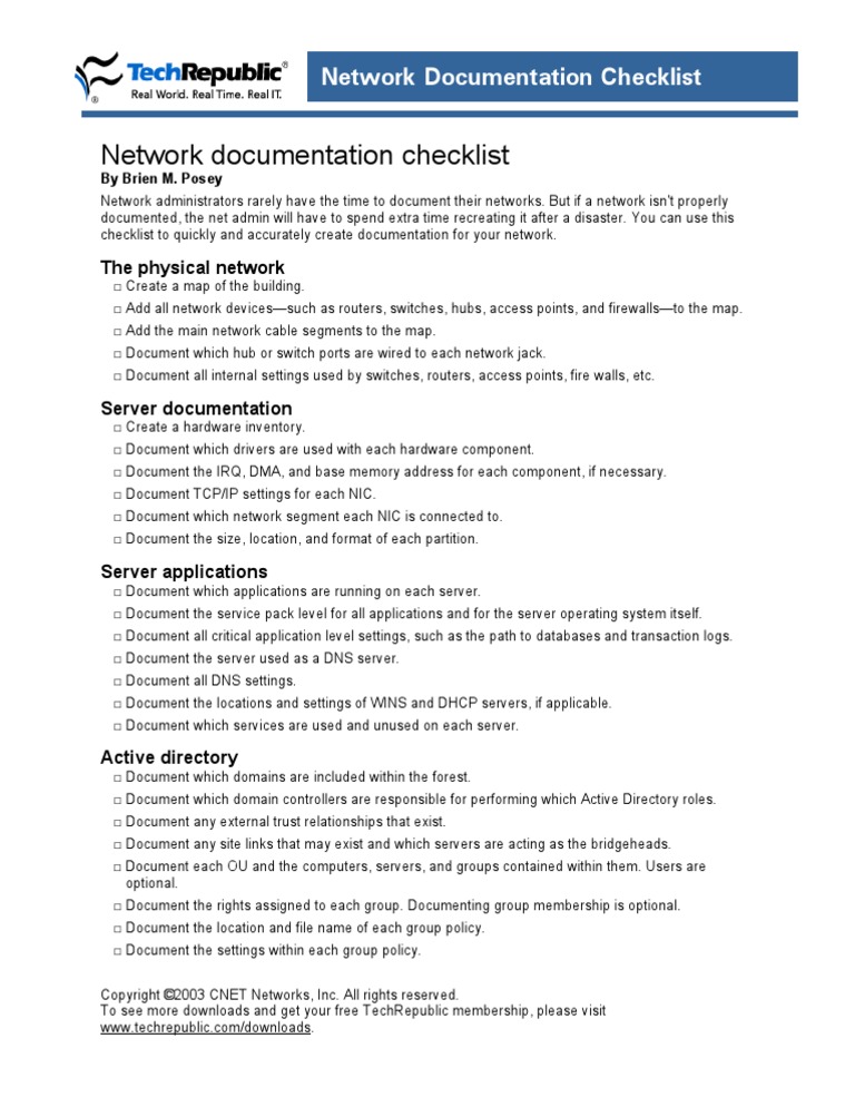 Network Documentation Checklist | PDF