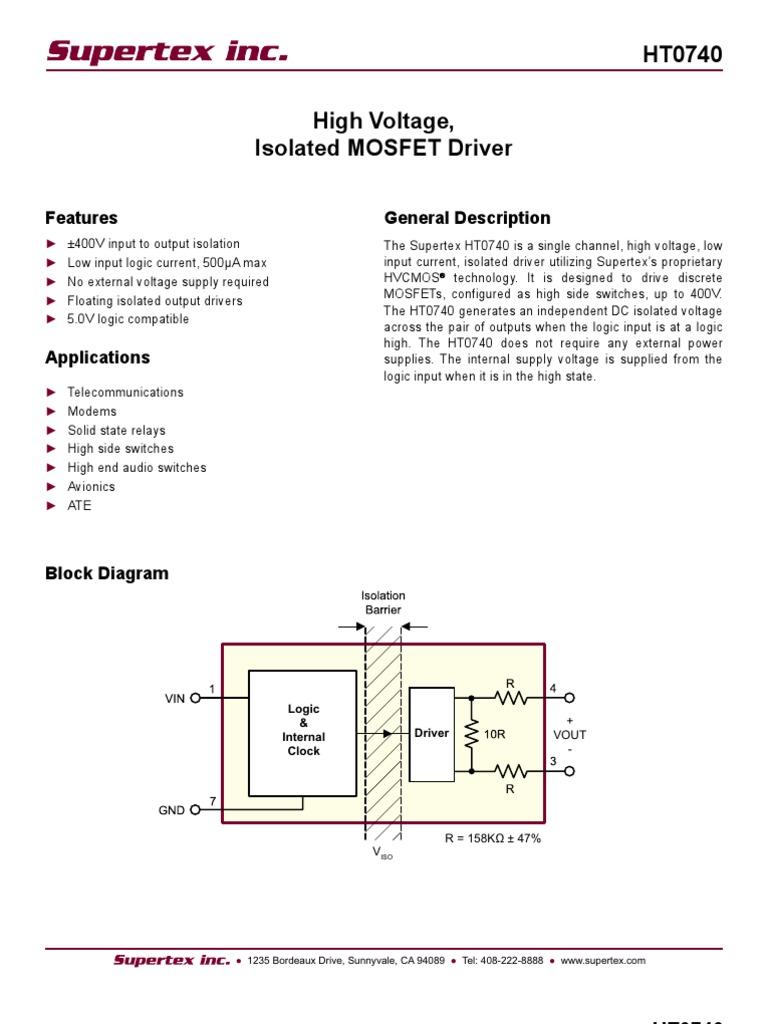 HT0740 High Voltage, Isolated MOSFET Driver Features General Description PDF Mosfet Power