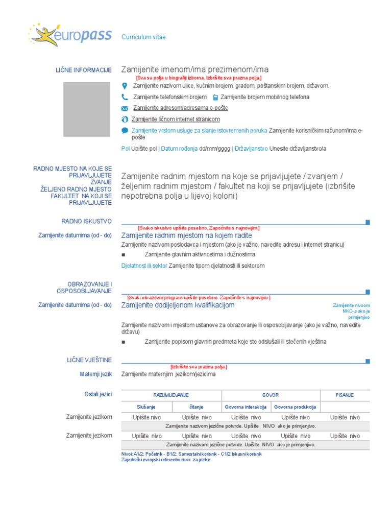 Europass CV Primjer