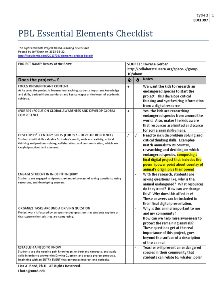PBL Checklist for Endangered Species Project | PDF | Cognition | Learning