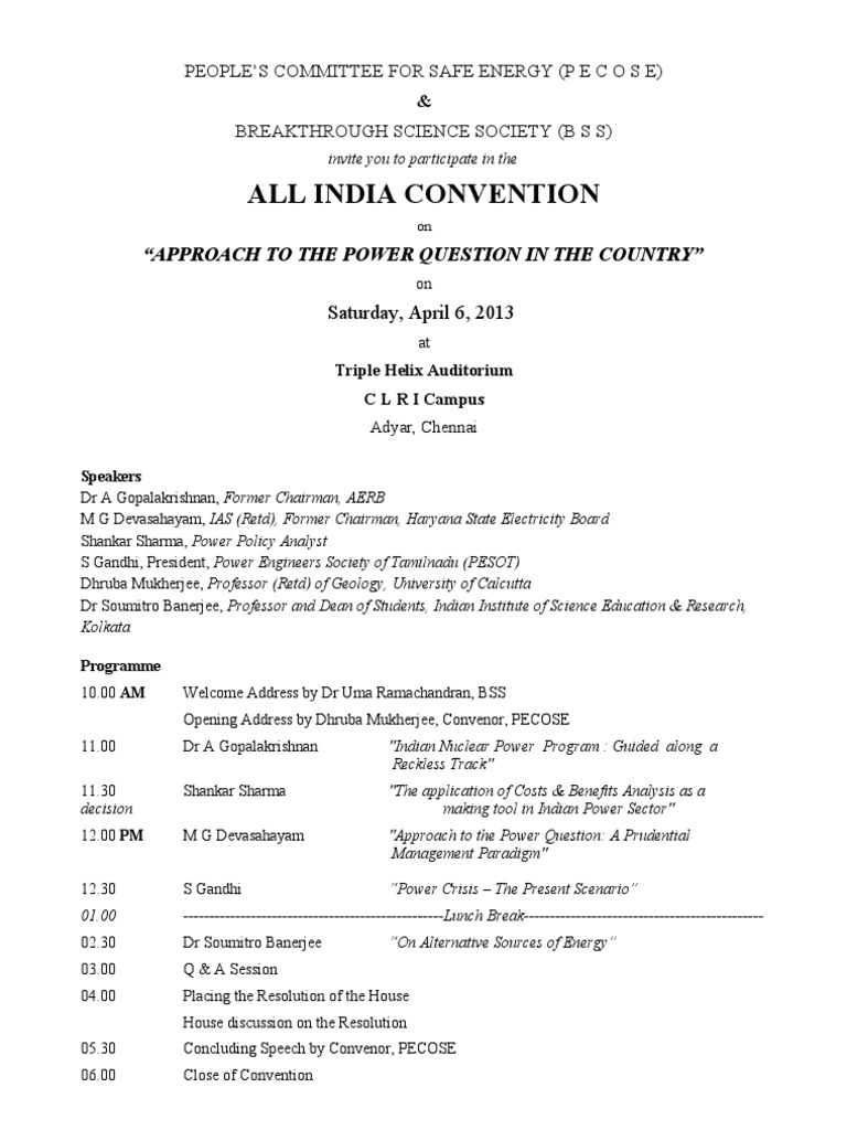 Invitation & Programme Convention On Safe Energy | PDF