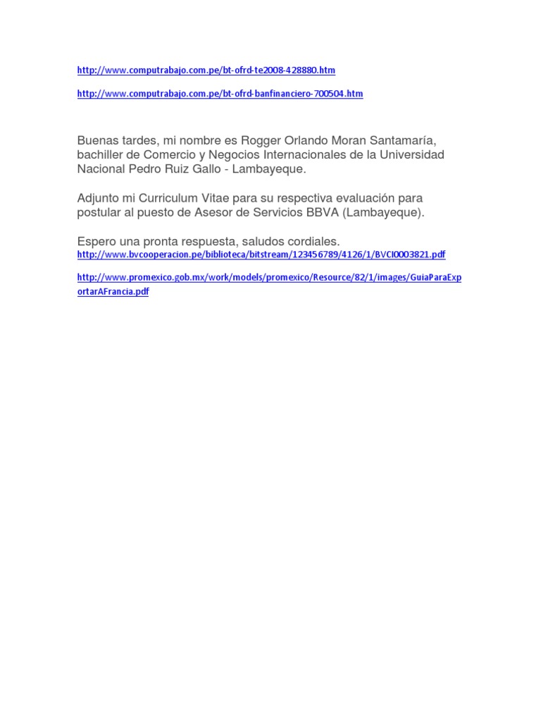 Postulación a Asesor de Servicios BBVA | PDF