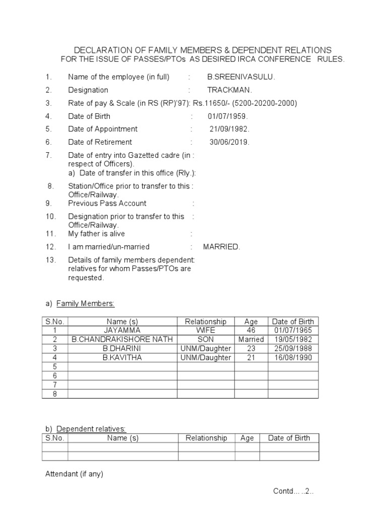 Declaration of Family Members PDF Employee Relations Social