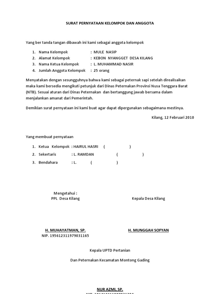 Surat Pernyataan Kelompok Dan Anggota