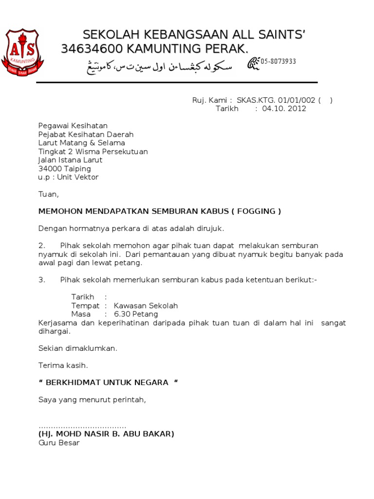Surat Rasmi Permohonan Fogging - Malacca 2