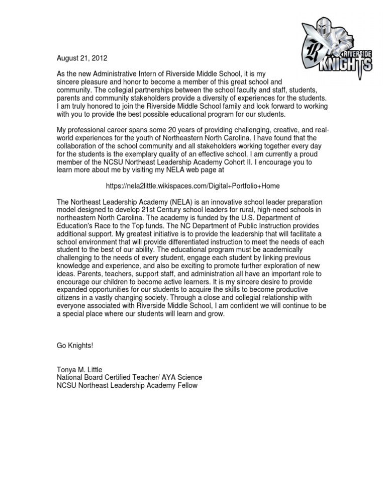Principal's Introduction Letter to Staff