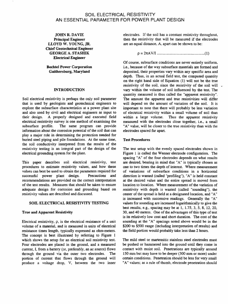 Soil Electrical Resistivity for Power Plants | PDF | Electrical ...