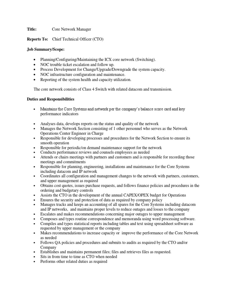 Core Network Manager Job Description