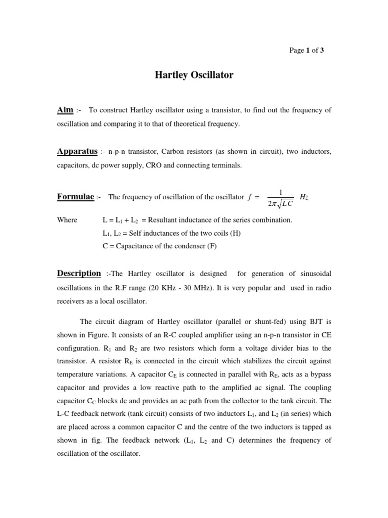Hartley Oscillator PDF Electronic Oscillator Capacitor