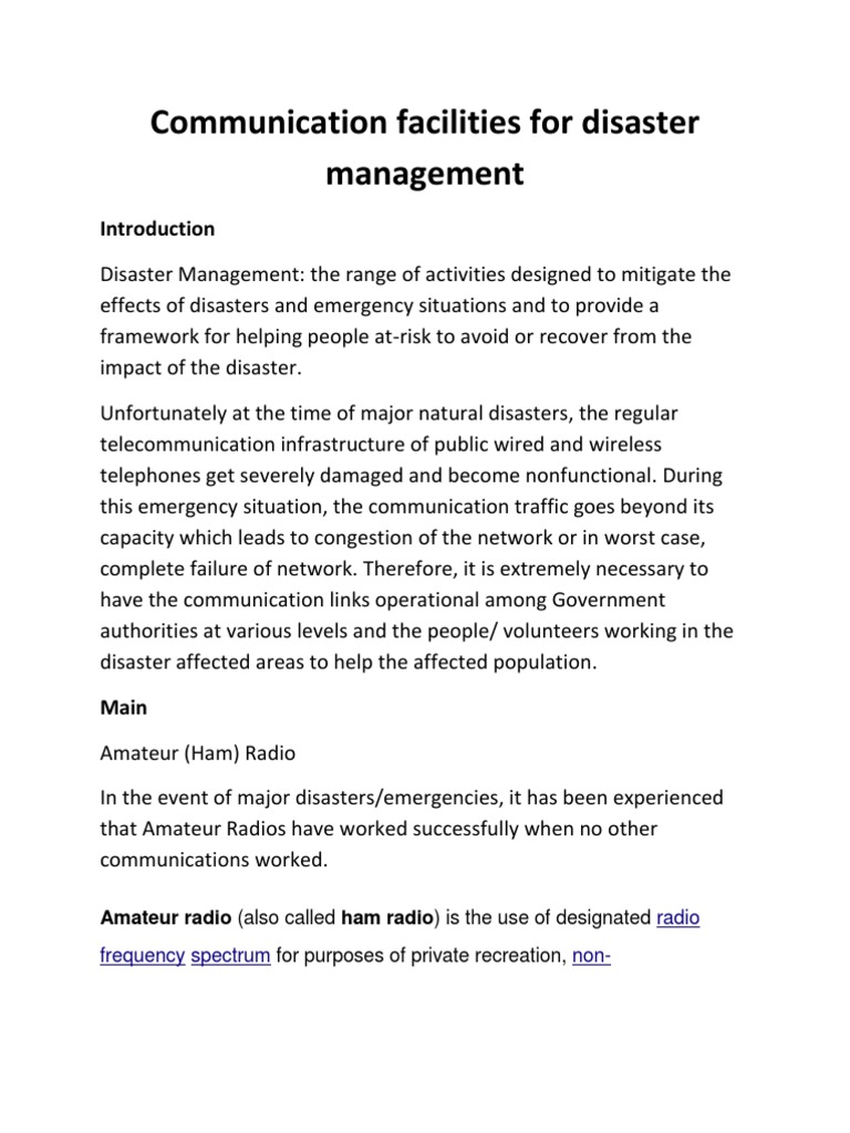 Communication Facilities for Disaster Management Amateur Radio