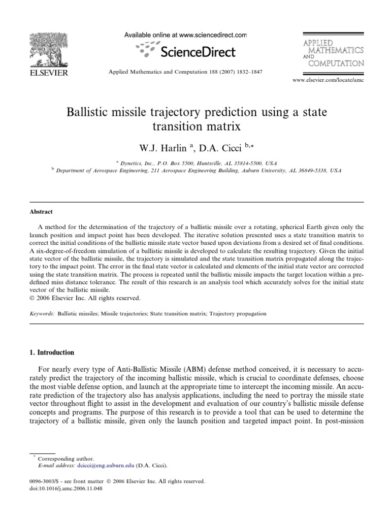 Ballistic Missile Trajectory Prediction Using A State Transition Matrix ...