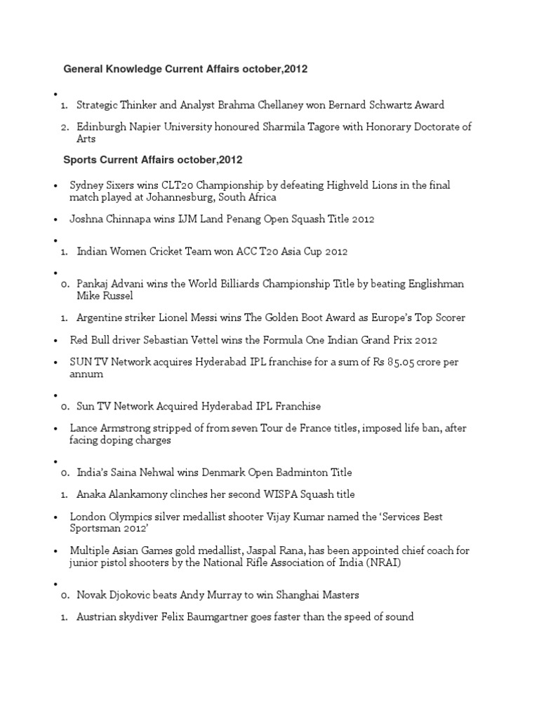 Current Affairs Oct Dec 12 Reserve Bank Of India Sports