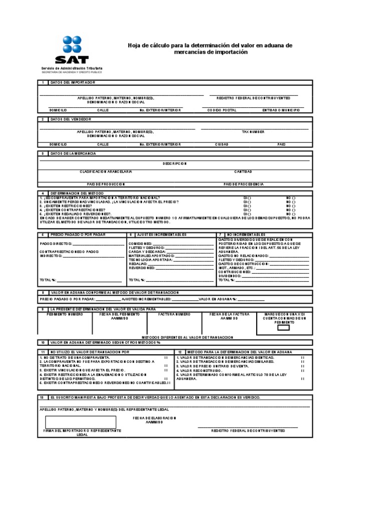 30hoja De Calculo Para La Determinacion Del Valor En Aduana De Mercancias De Importacion Aduana Precios