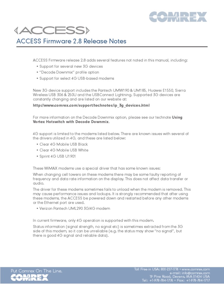 ACCESS Firmware 2.8 Release Notes | PDF | Modem | 4 G