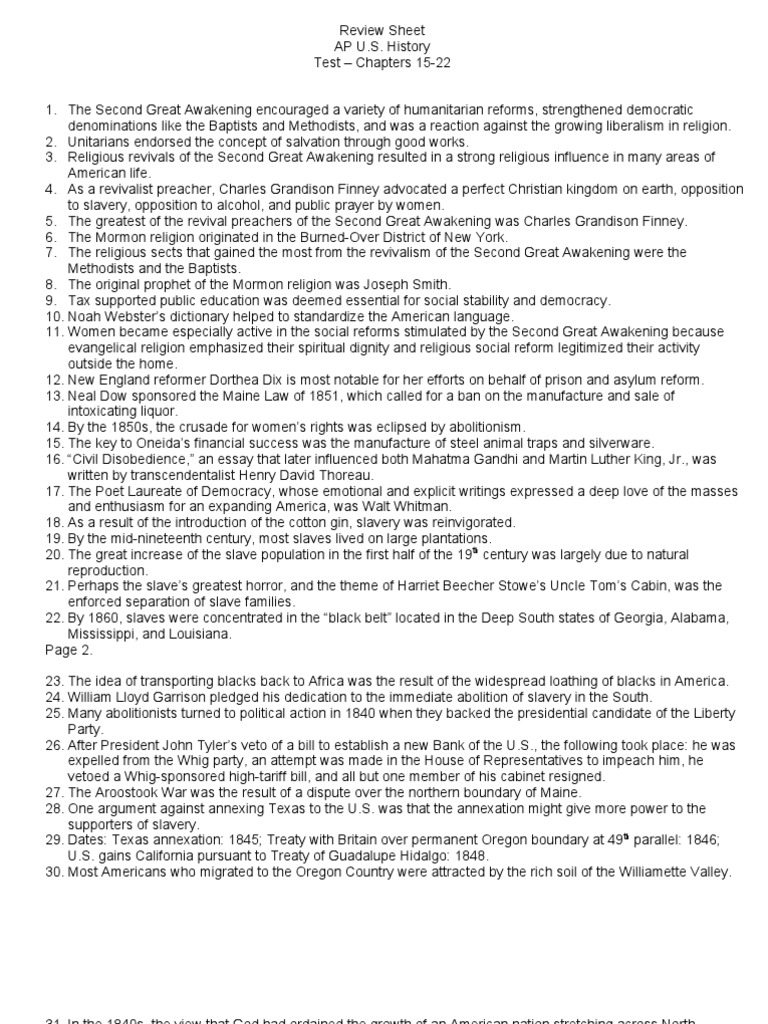 APUSH Review Sheet Test Ch 1522 American Civil War